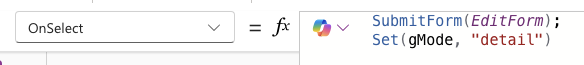 保存ボタンのOnSelectプロパティにSubmitForm(EditForm)を設定している画面