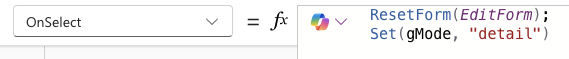 キャンセルボタンのOnSelectプロパティにResetForm(EditForm)を設定している画面