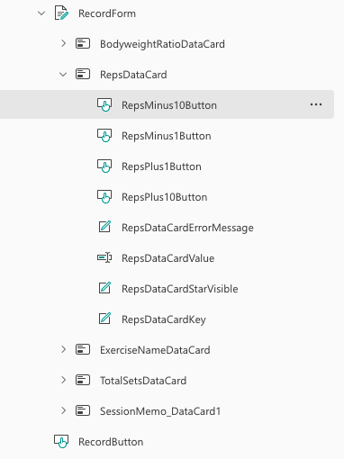 RepsDataCardの直下にコンテナを使わずボタン4つとDataCardValueが配置されているツリービューの画面