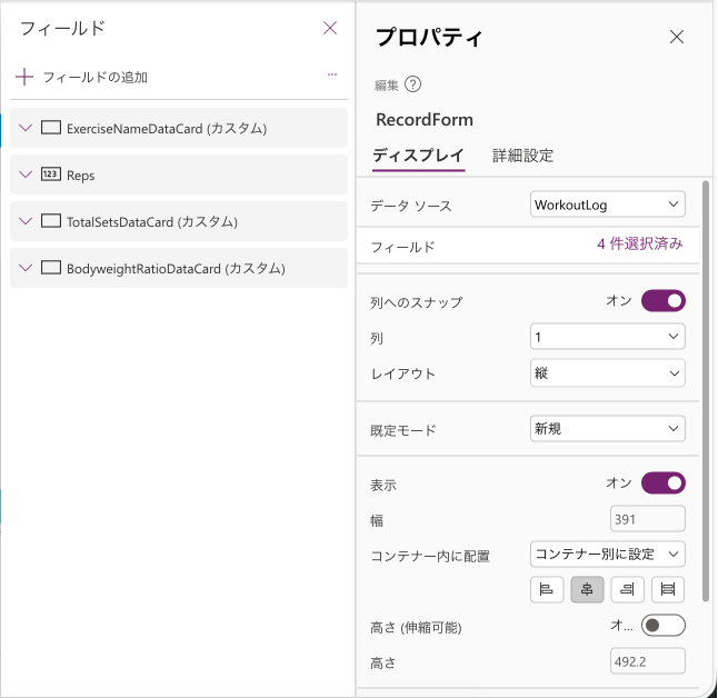 記録画面のRecordFormとDataCardで表示している項目の一覧