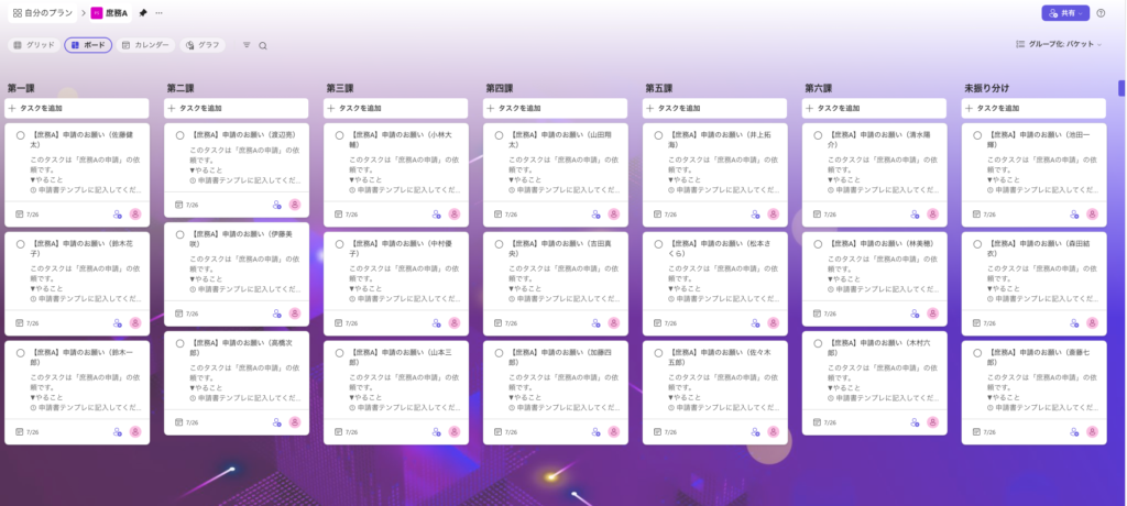 課別バケットに全員分のタスクが並んだPlannerボード画面